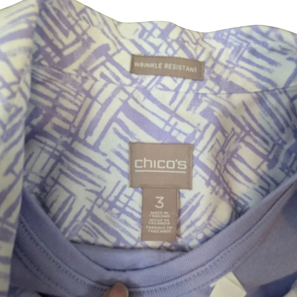 Chicos Women Lilac Purple White Geometric Print 2 Piece Shirt Tank Set Size‎ 3